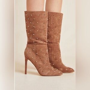 Sam Edelman Waylyn Gold Studded Brown Suede Mid Calf High Heel
